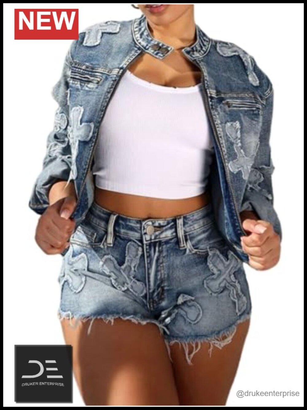 2 Piece Denim Outfit Cropped Jacket Skinny Jean Shorts Patchwork